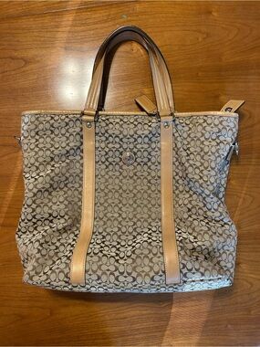 Coach Beige Signature Canvas Voyager Tote with Tan Leather Trim F77116